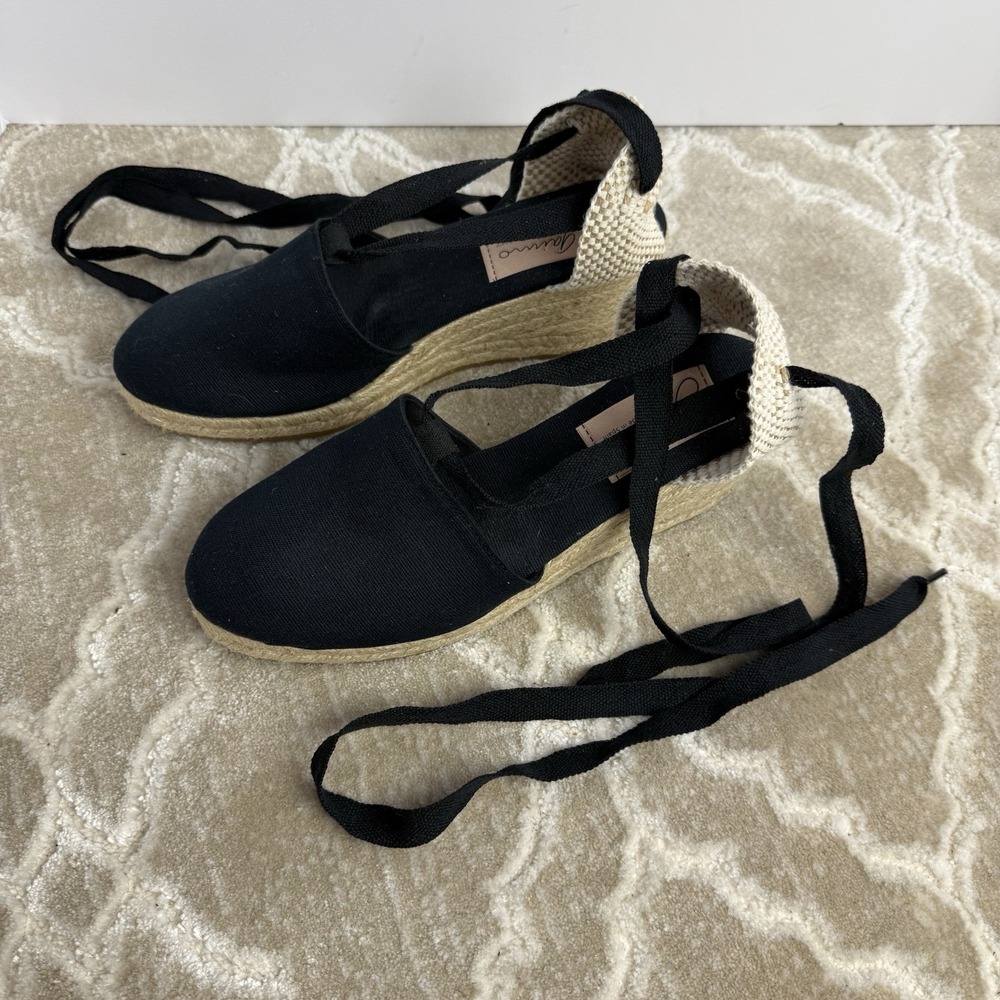 Gaino Black Ankle Tie Wedge Shoes Women's Size 40 (US 10) Made In Spain EUC
